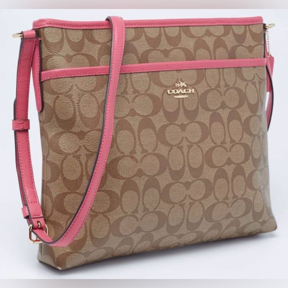 [Coach] Signature File Adjustable Crossbody Coated Canvas Bag Purse Khaki/Pink